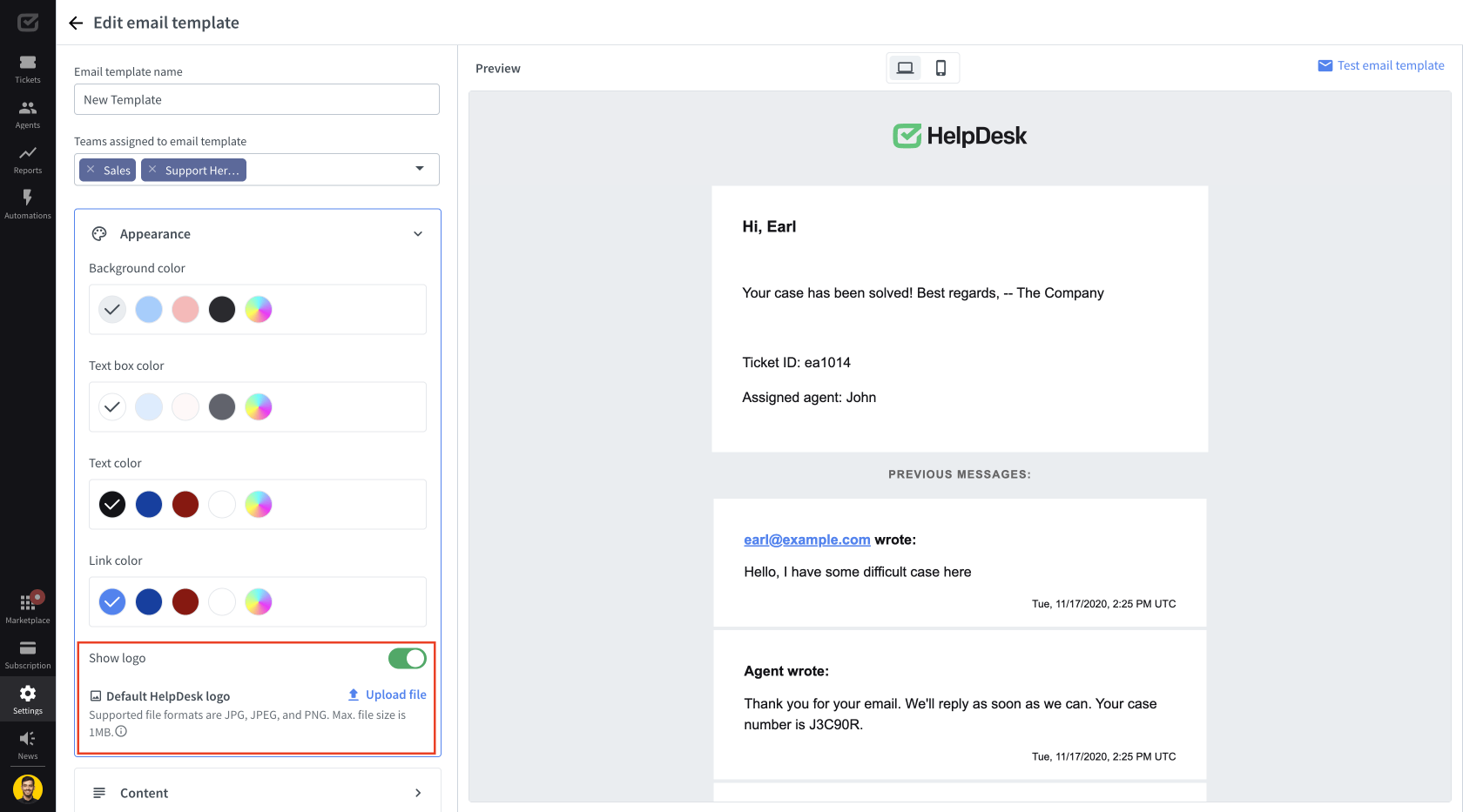 Logo settings in the HelpDesk email template