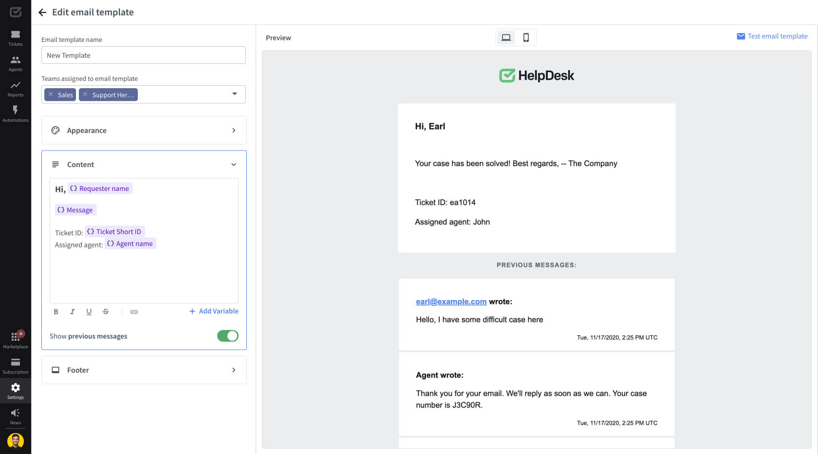 &ldquo;Content&rdquo; settings in the HelpDesk email template