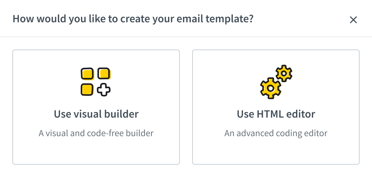 Two modes for creating an email template in HelpDesk: visual builder and HTML editor