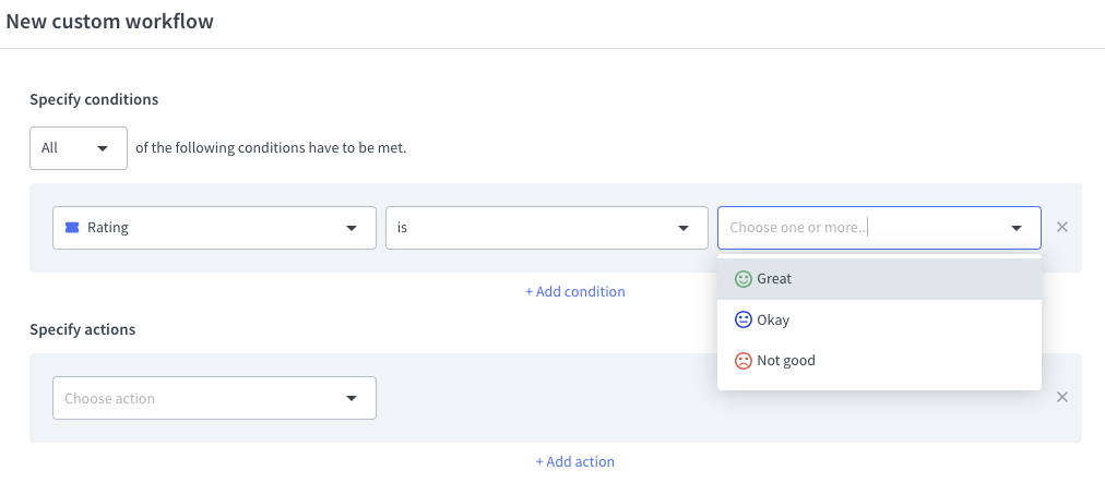 Condition related to the ticket rating in workflows. 