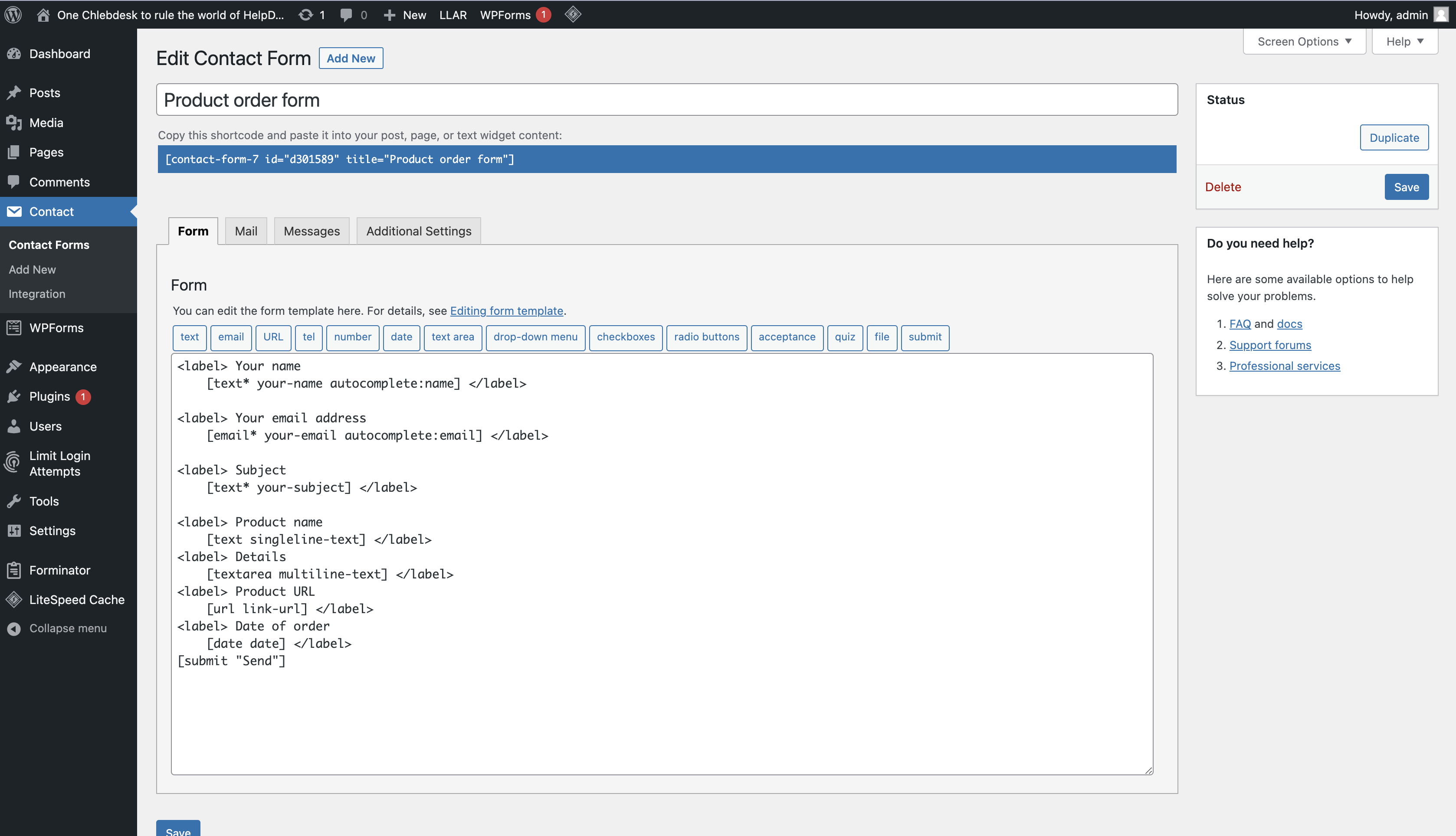 Form panel in Contact Form 7.