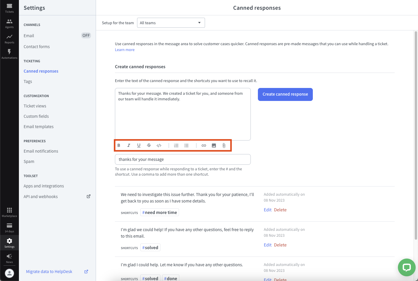 Text formatting options in canned responses in HelpDesk.