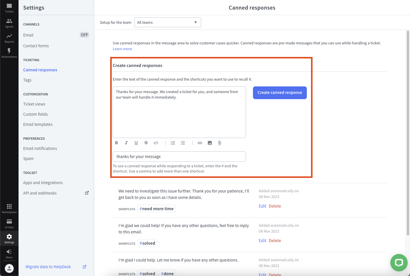 Adding canned responses in HelpDesk.