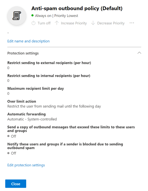 Anti-spam outbound policy in Microsoft 365. 