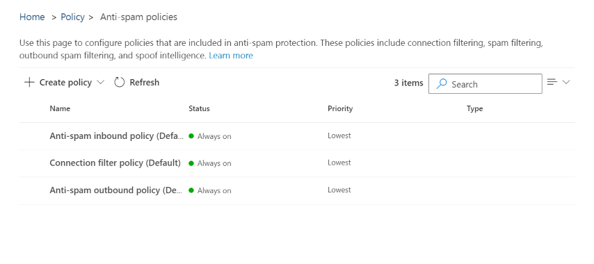 Anti-spam policies in Microsoft 365.