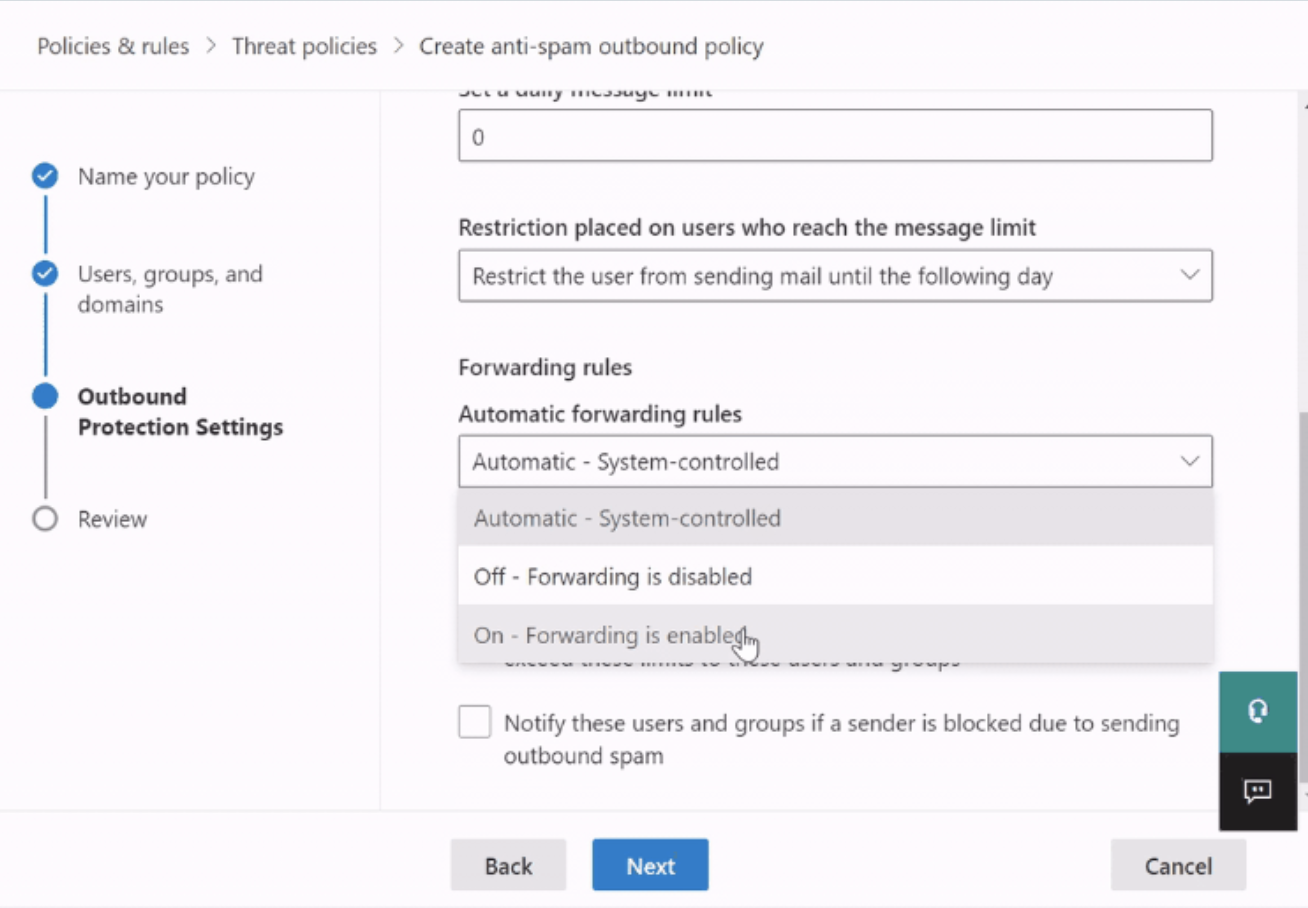 Opting for On - Forwarding is enabled.