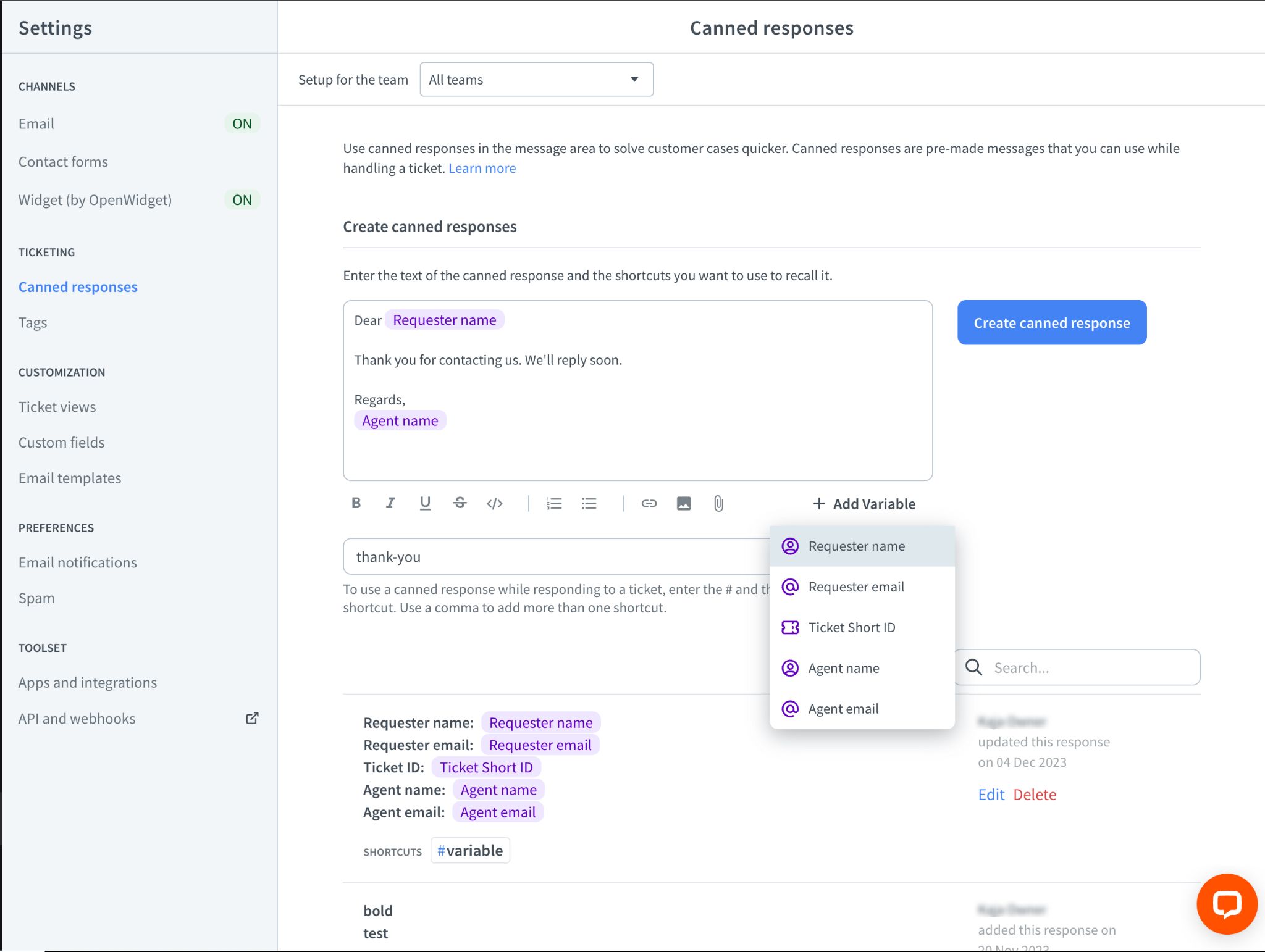 Adding variables in the canned response text area.