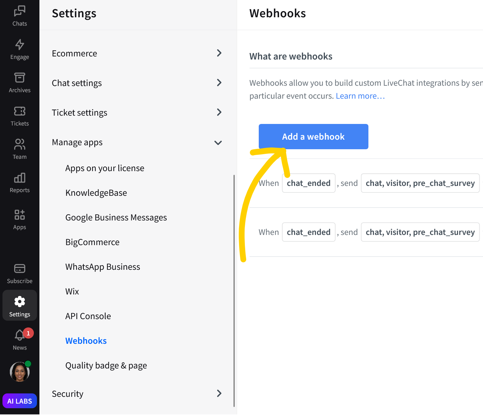 LiveChat HIPAA compliant: click on Add a Webhook