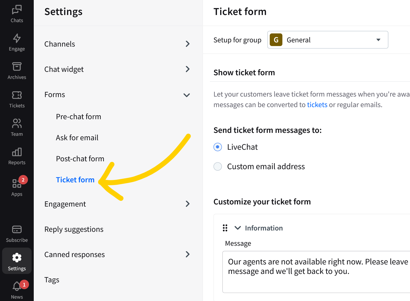 LiveChat HIPAA compliant: go to Ticket form available under Chat surveys & forms