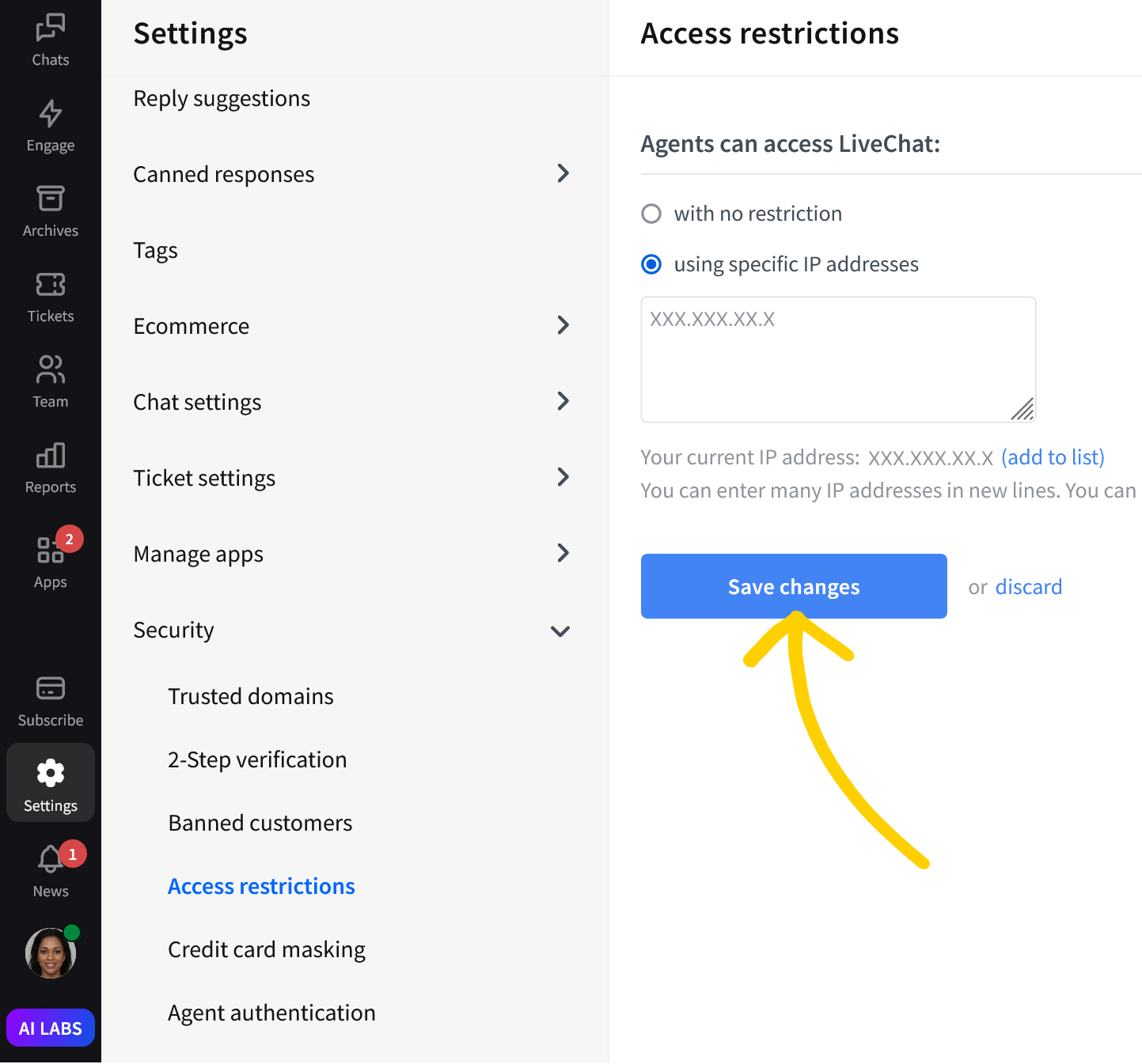 LiveChat HIPAA compliant: apply IP addresses by clicking on Save Changes