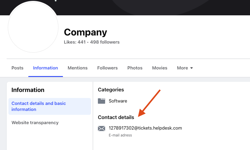 Adding the HelpDesk forwarding address to the About section of the Facebook profile.