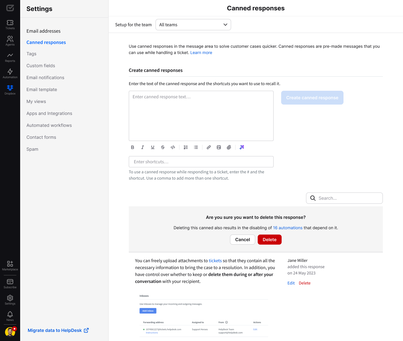 Deleting a canned response used in workflows in HelpDesk.