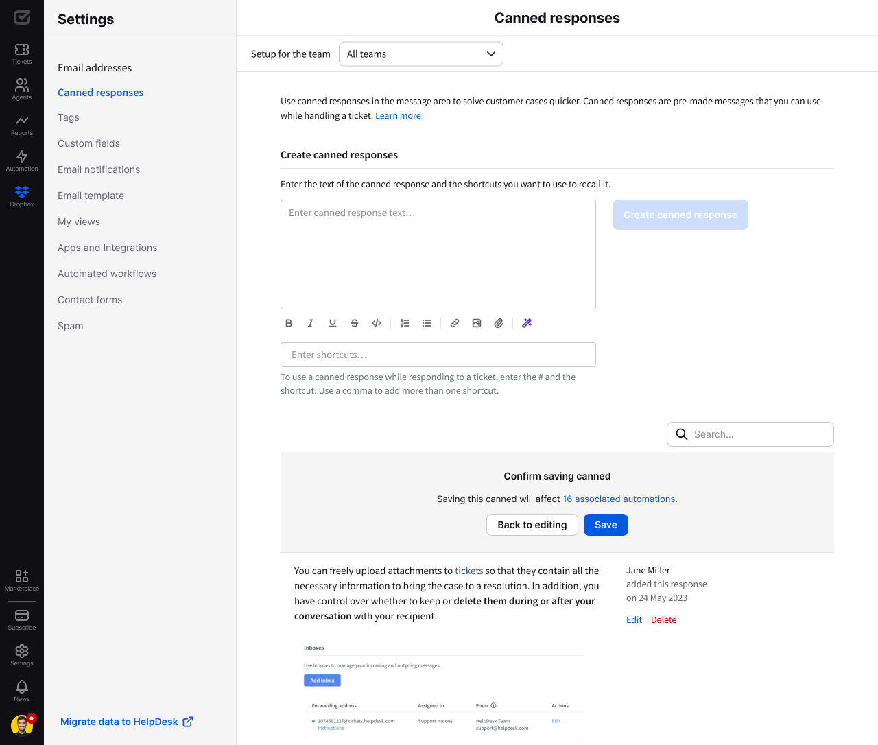 Editing a canned response used in workflows in HelpDesk.