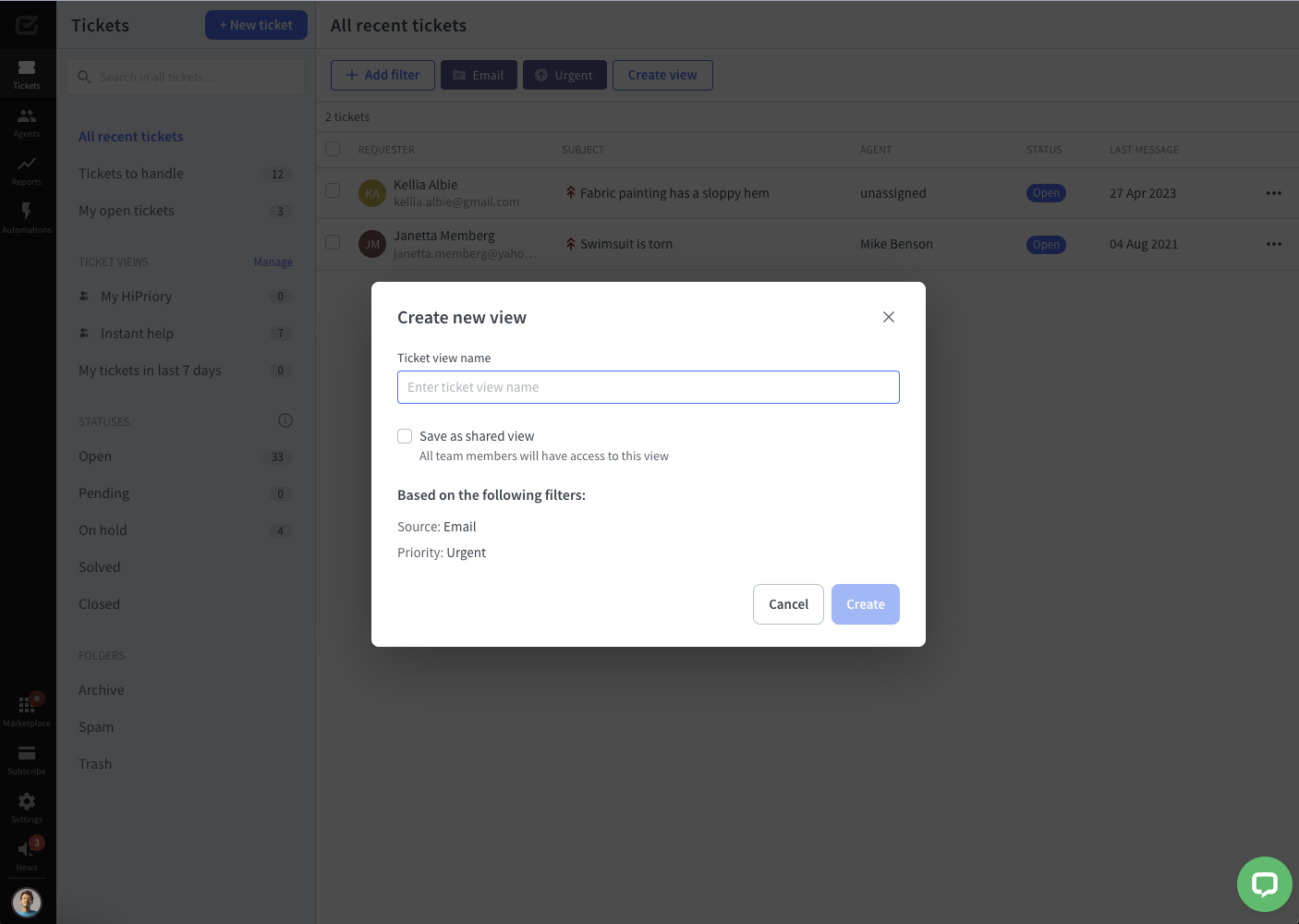 Managing ticket views in HelpDesk — shared view option.