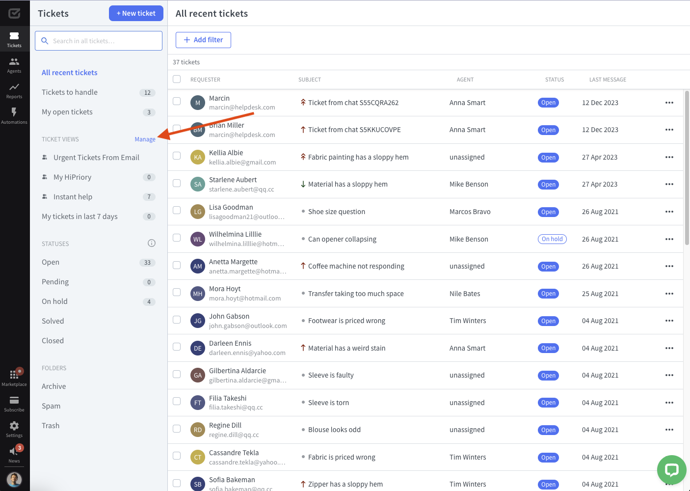 Managing ticket views in HelpDesk.