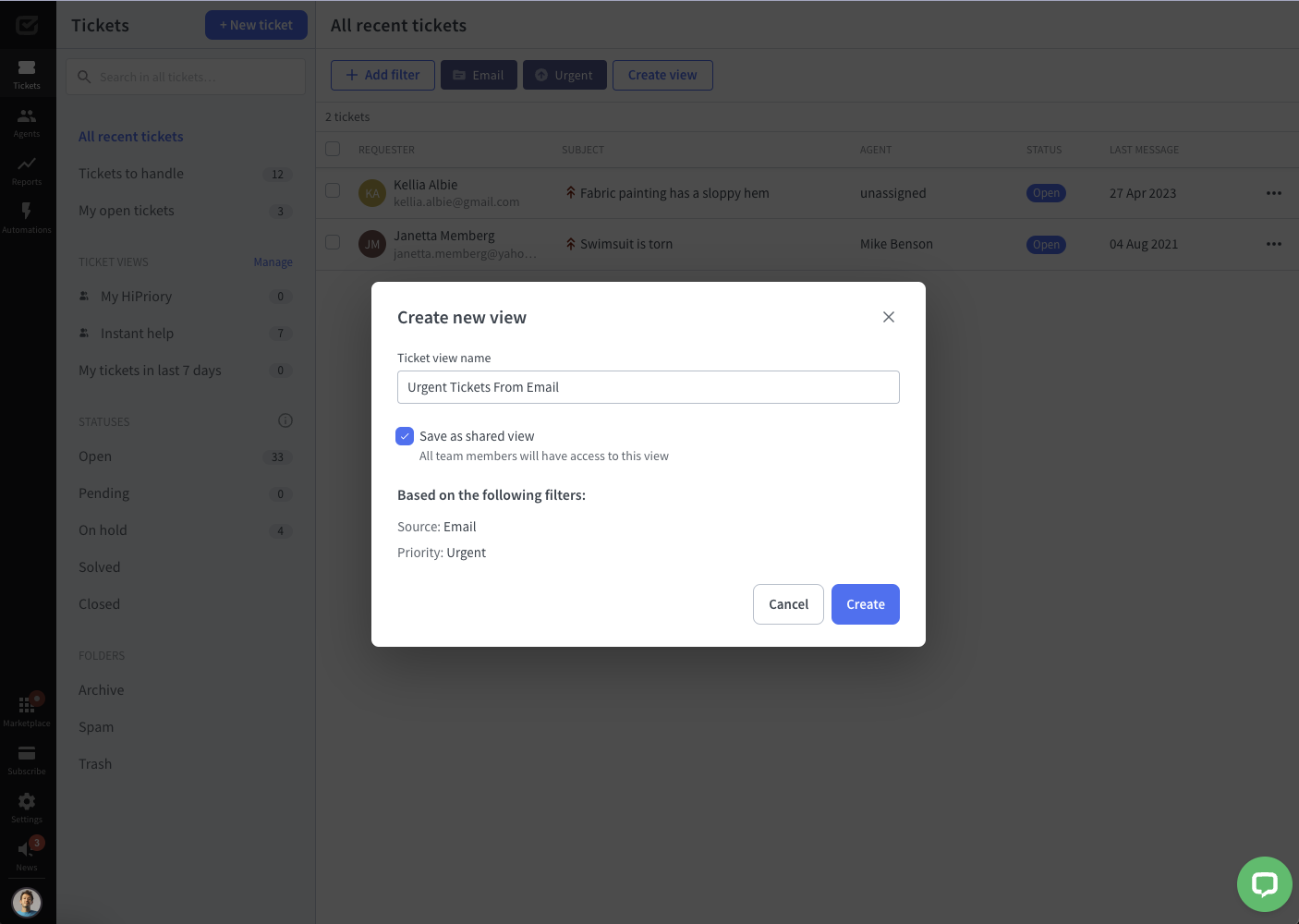 Managing ticket views in HelpDesk — shared view option selected.