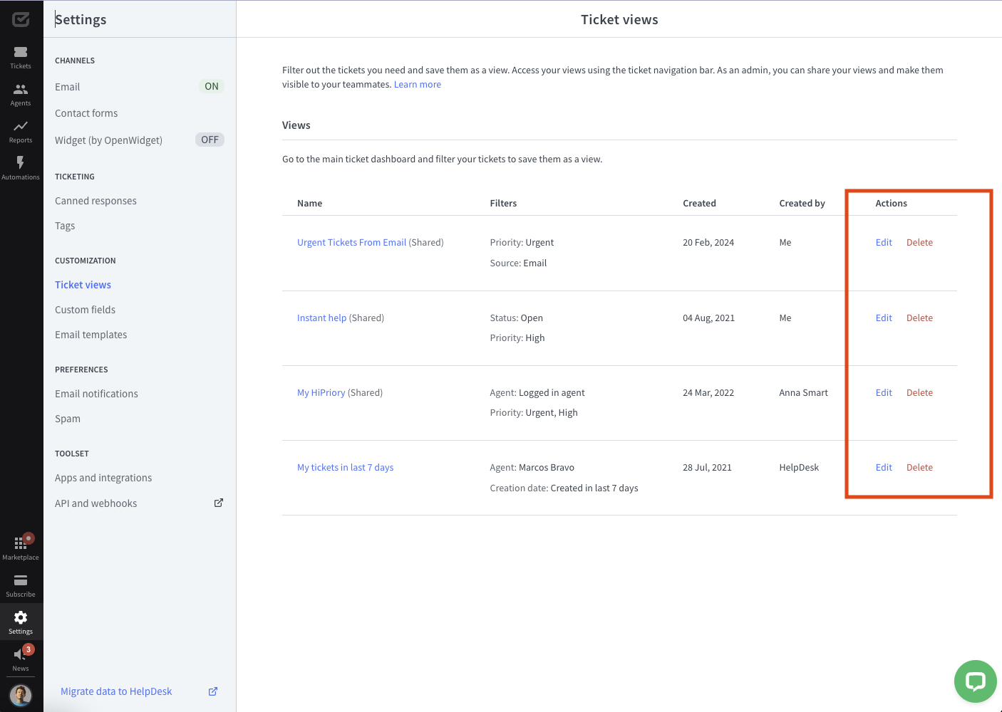 Managing ticket views in HelpDesk — editing option.