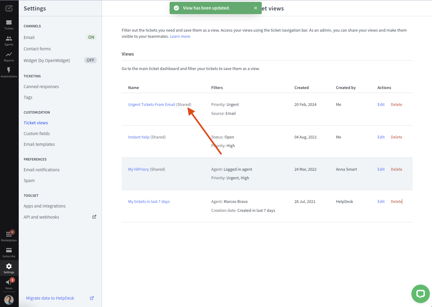 Managing ticket views in HelpDesk — shared ticket view marked.