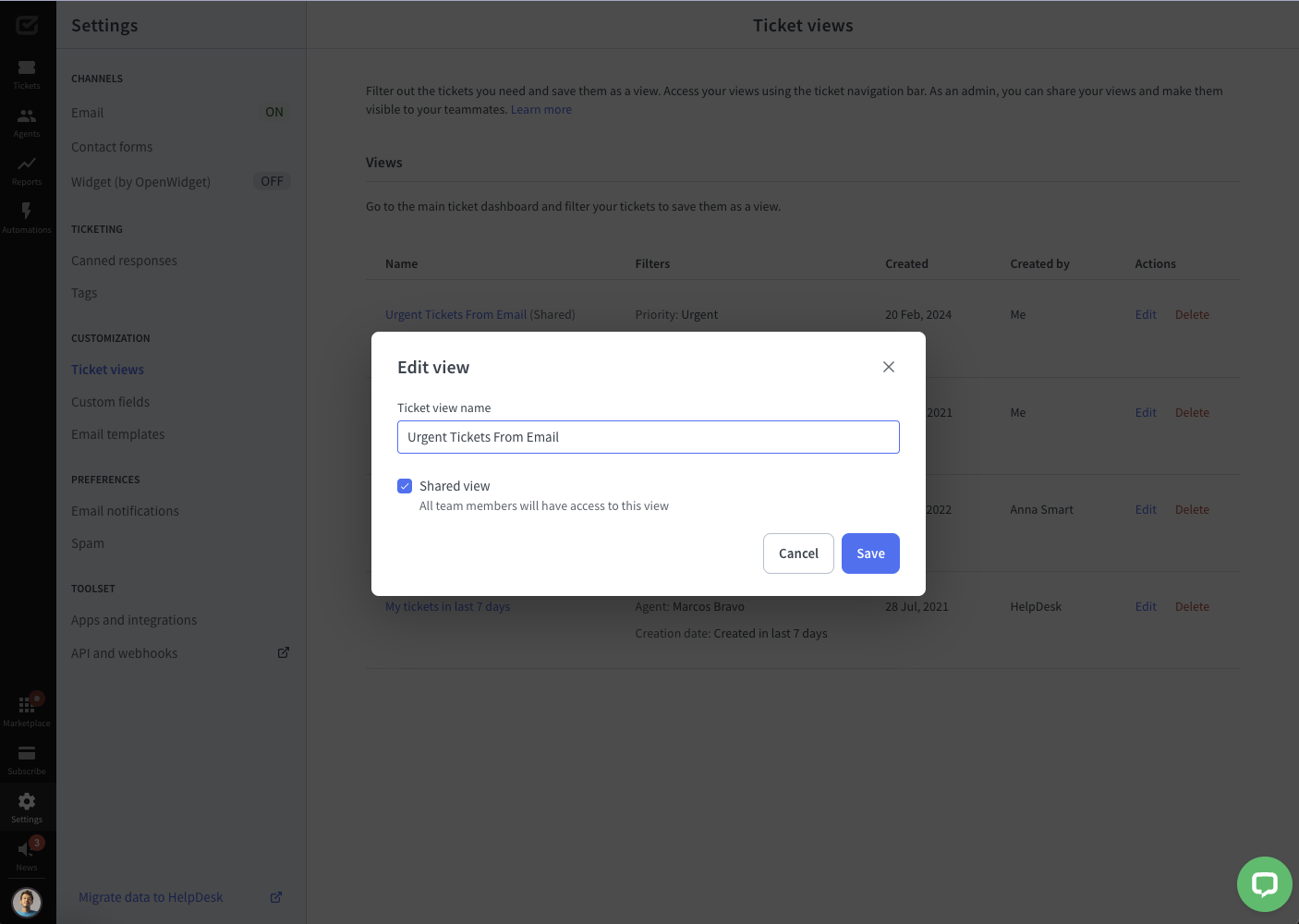 Managing ticket views in HelpDesk — editing modal.