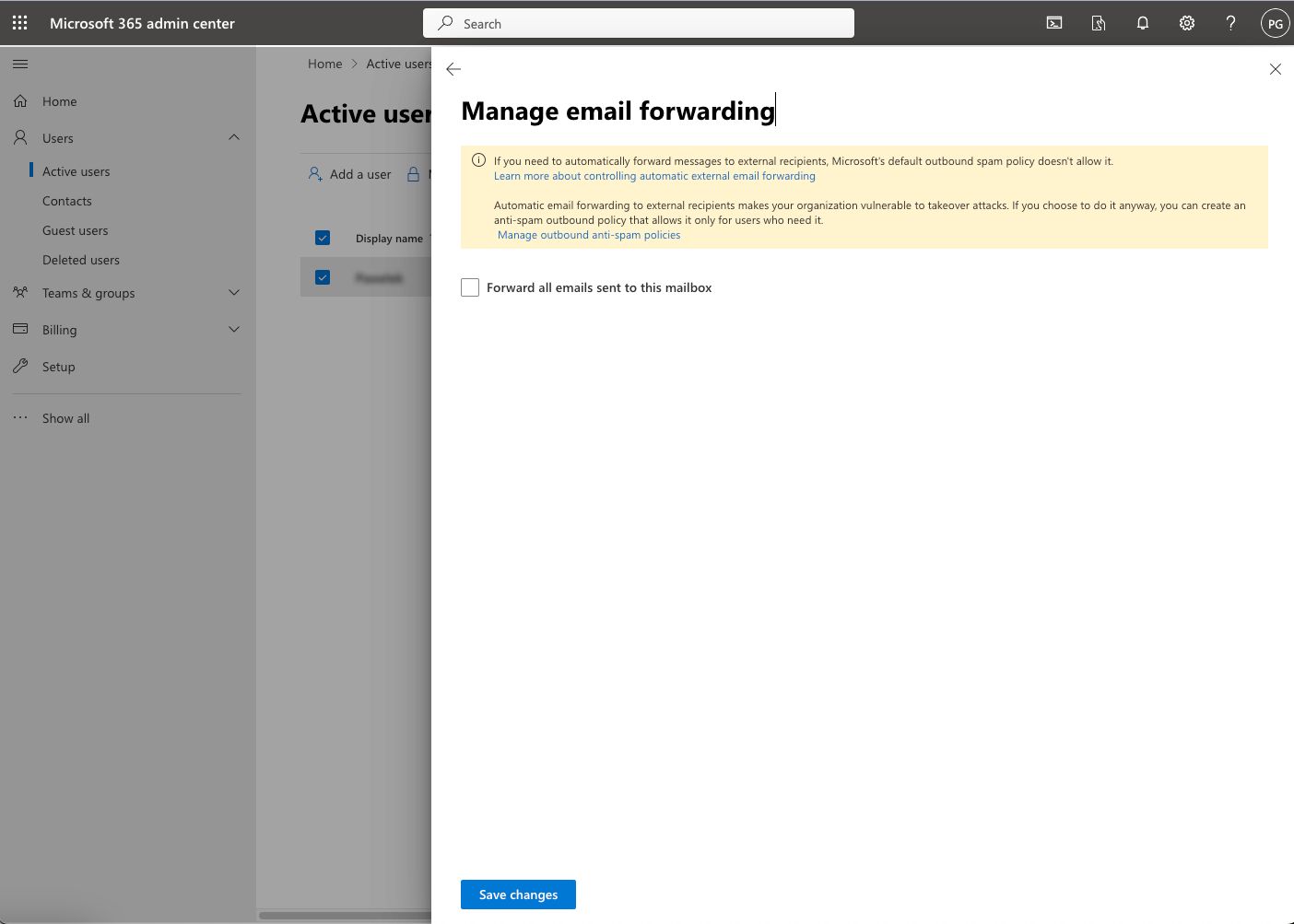 Managing email forwarding in the Microsoft 365 Admin Center.