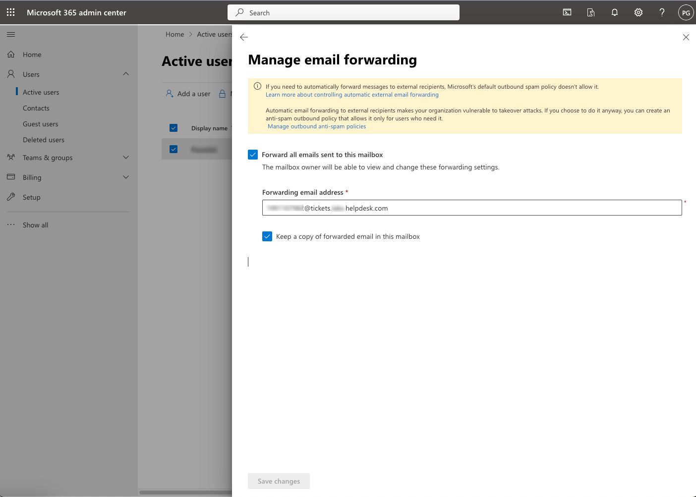 Setting up the forwarding in the Microsoft 365 Admin Center.