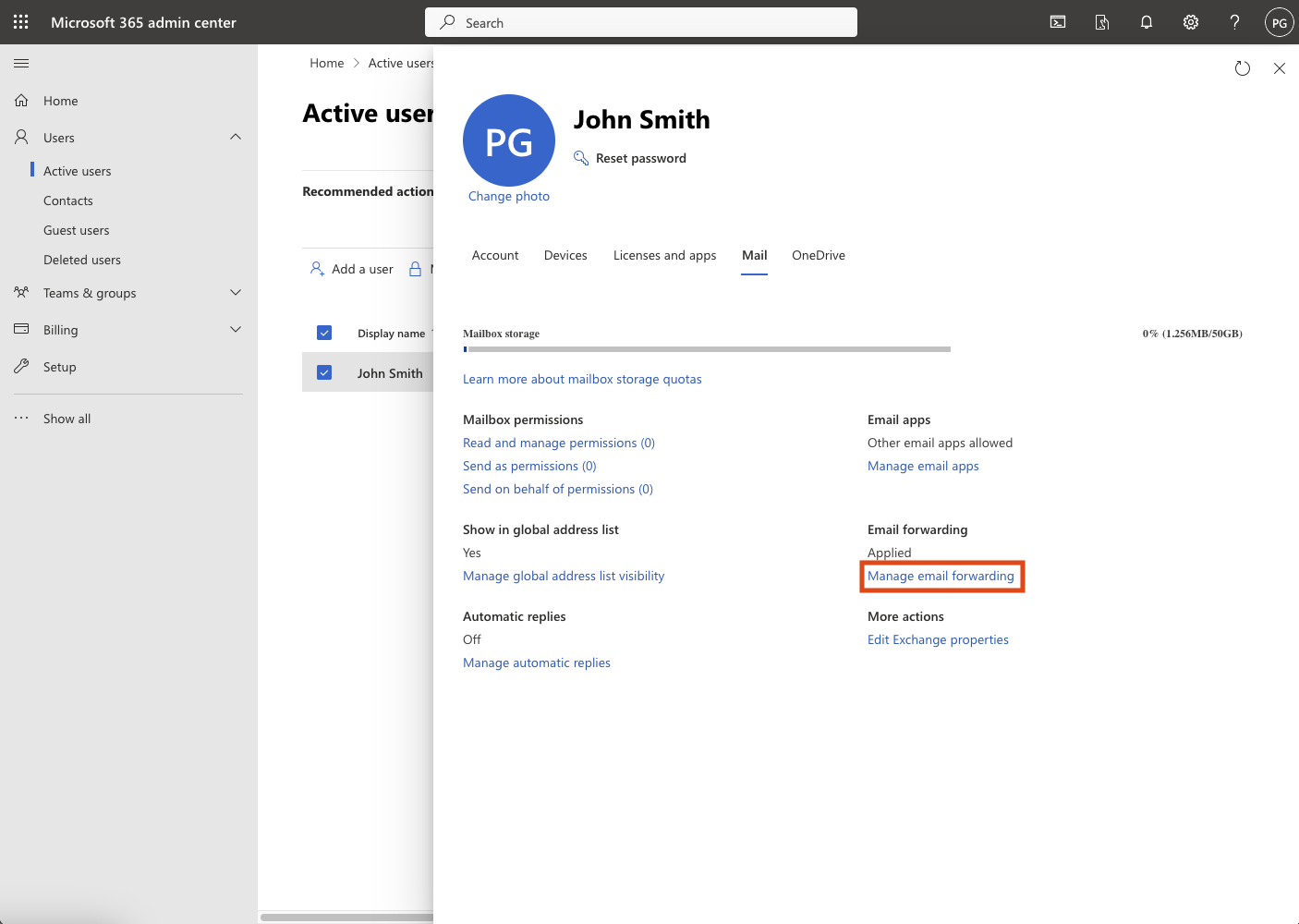 Managing email forwarding in the Microsoft 365 Admin Center — clicking the option.