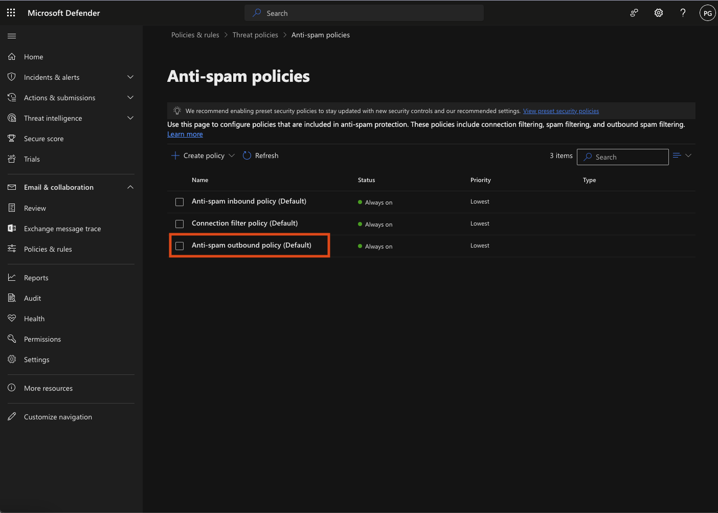 Anti-spam outbound policy in the Microsoft 365 Admin Center.
