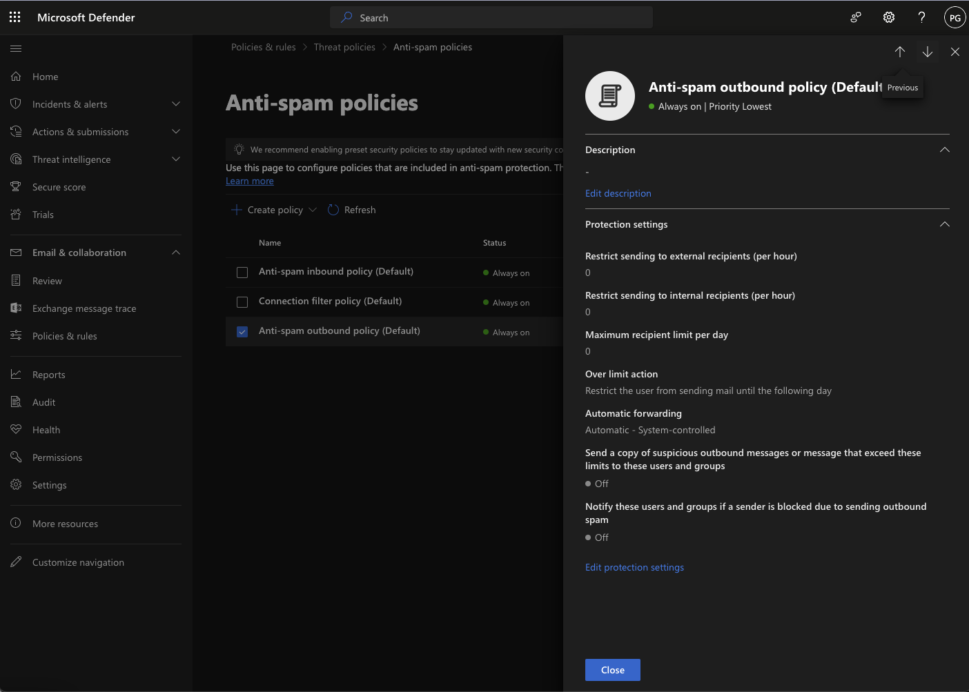 Changing the anti-spam outbound policy in the Microsoft 365 Admin Center.