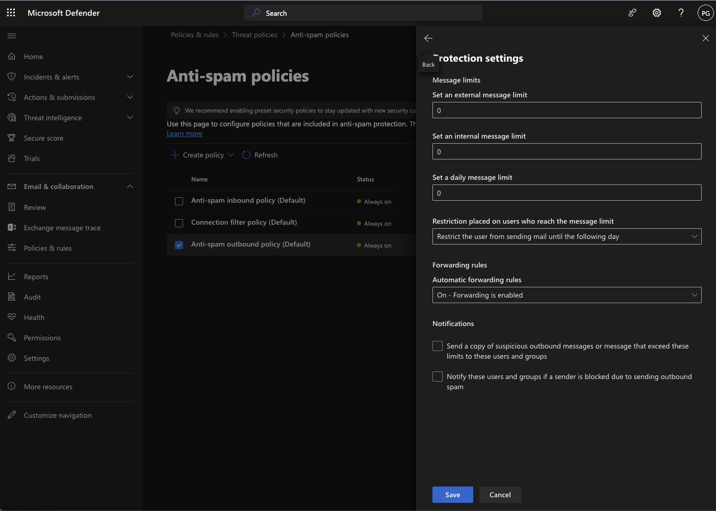 Changes made to the forwarding rules of the anti-spam outbound policy in the Microsoft 365 Admin Center.