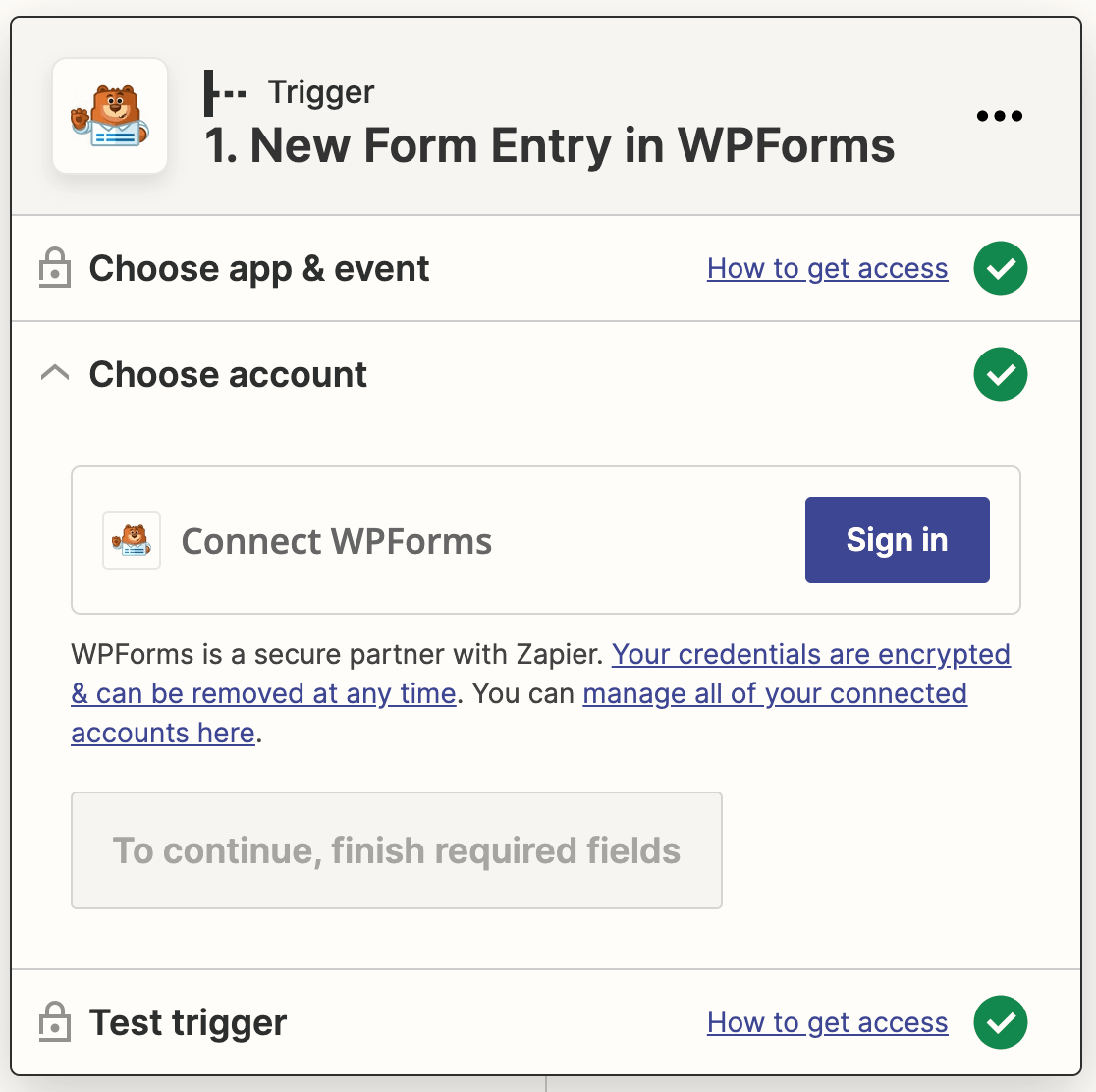 Sign in WPForms in Zapier