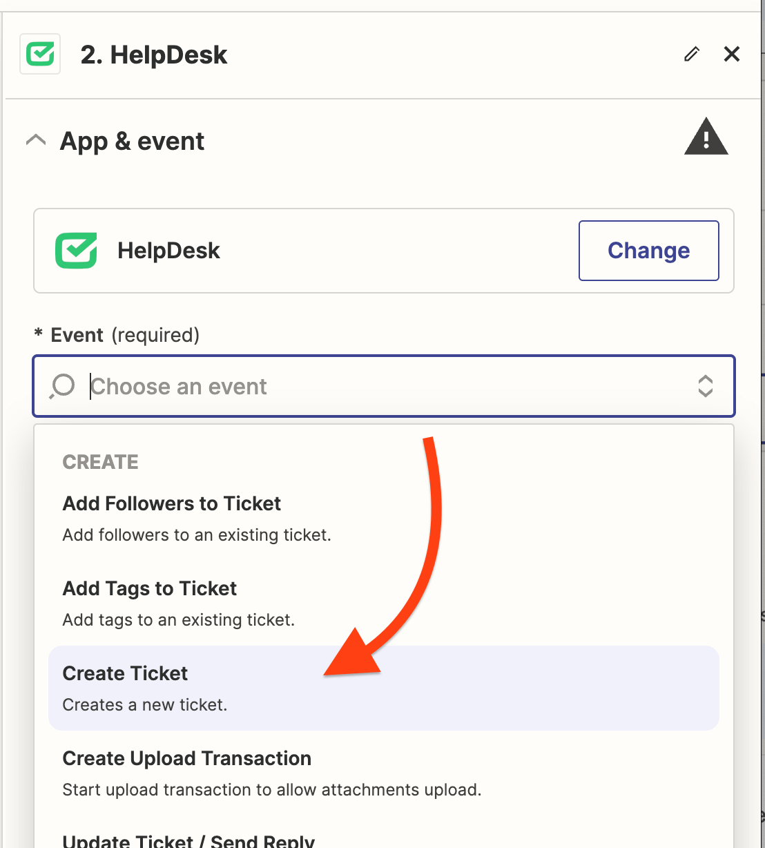 Action events in Zapier for HelpDesk