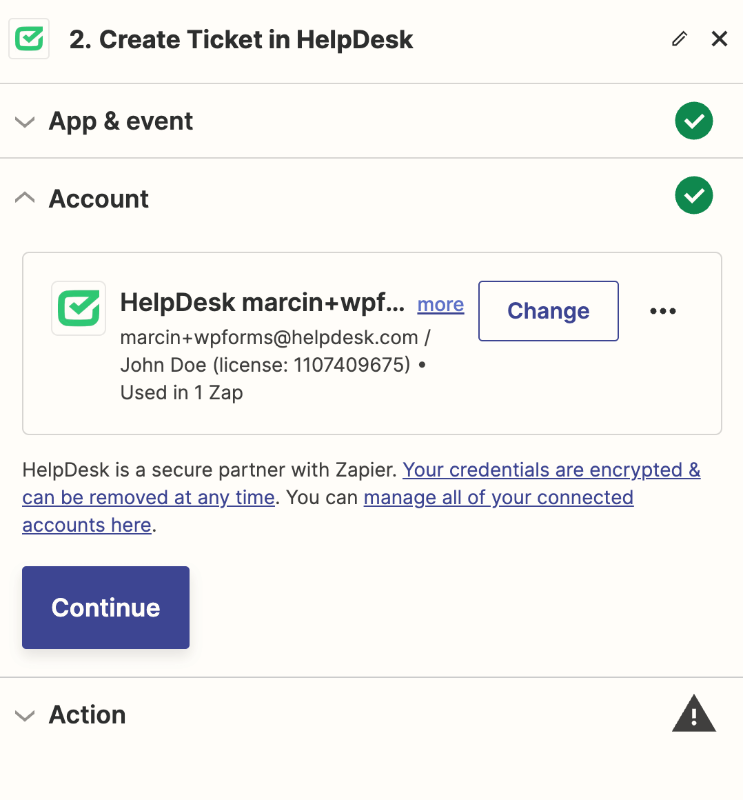 Connected HelpDesk account view in Zapier