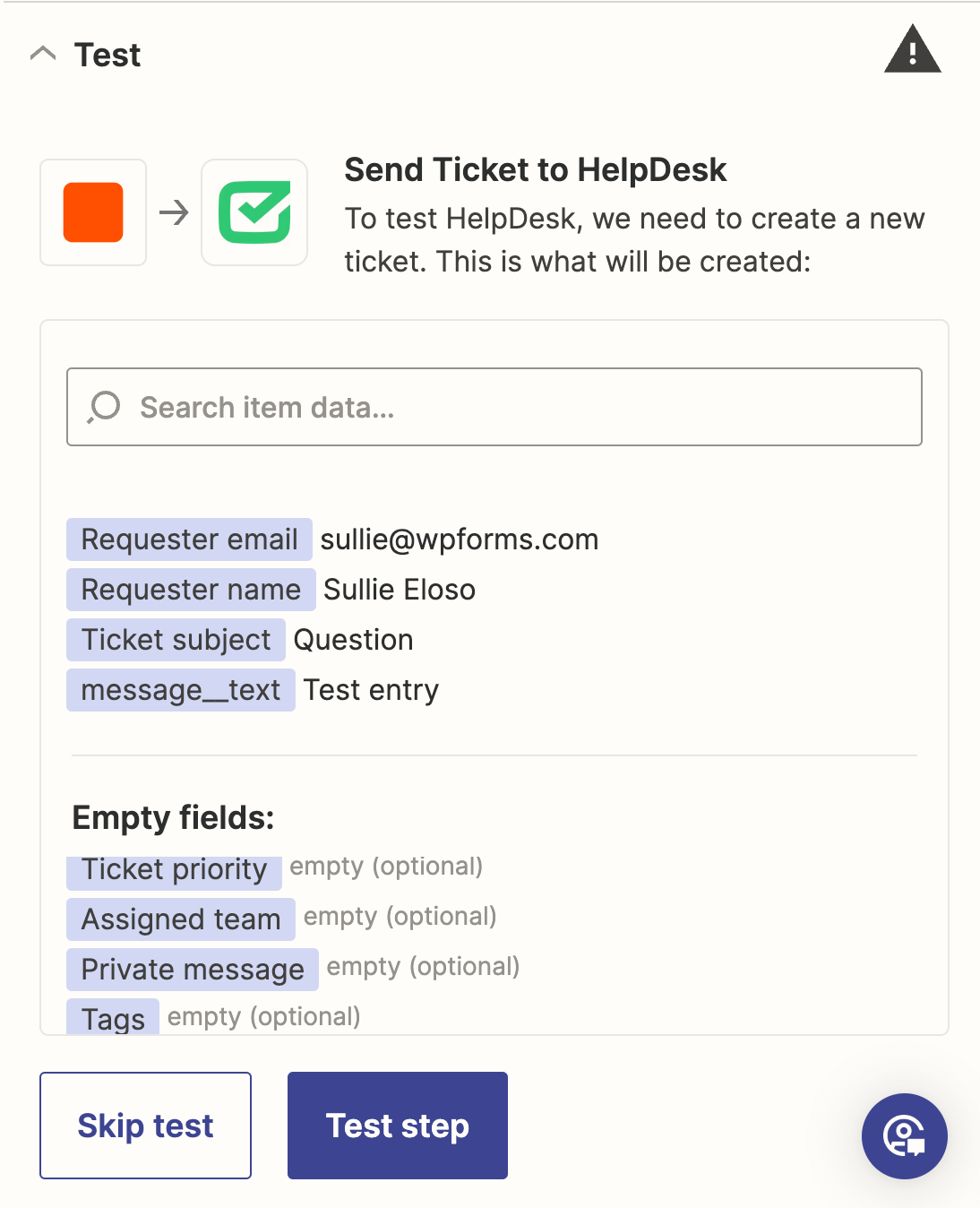 Testing HelpDesk action in Zapier