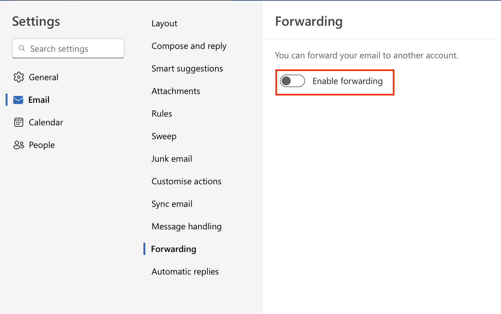 Enabling forwarding in Microsoft Outlook. 