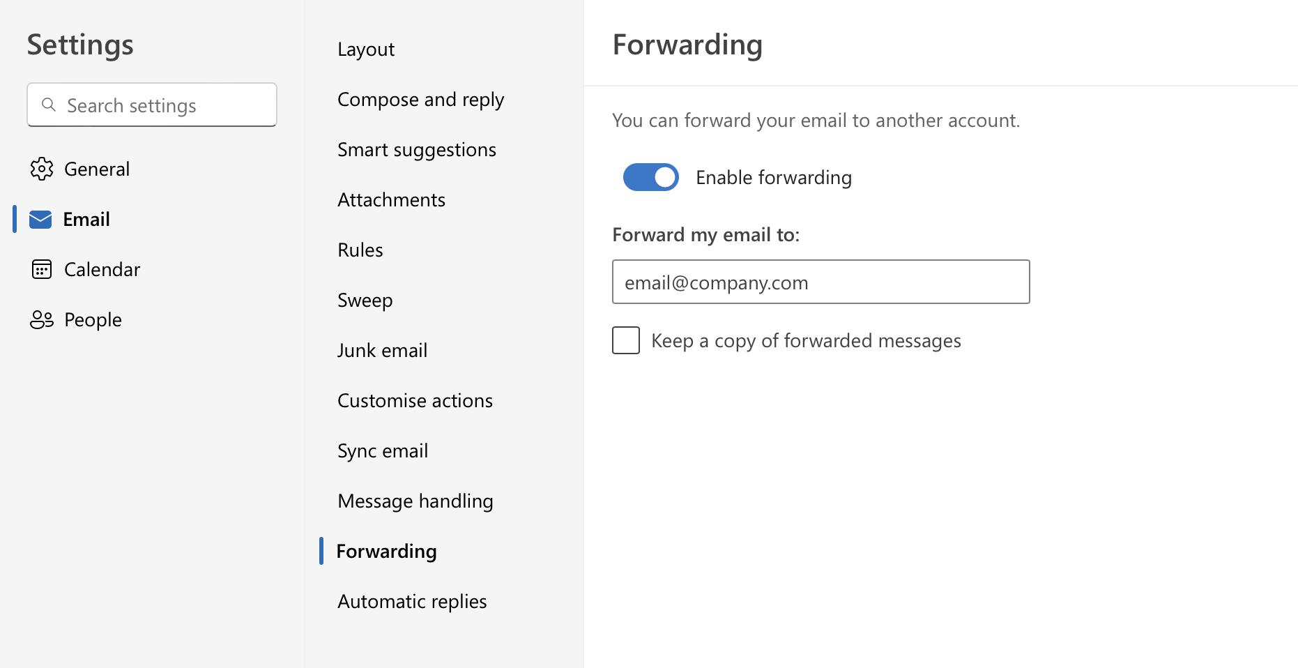 Enabling forwarding in Microsoft Outlook — entering HelpDesk&rsquo;s forwarding address.