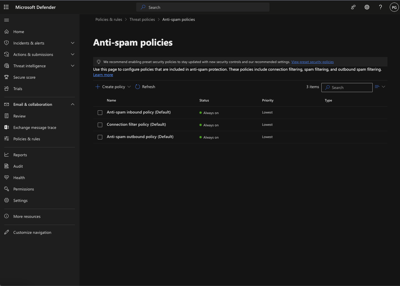 Anti-spam policies in the Microsoft 365 Admin Center.