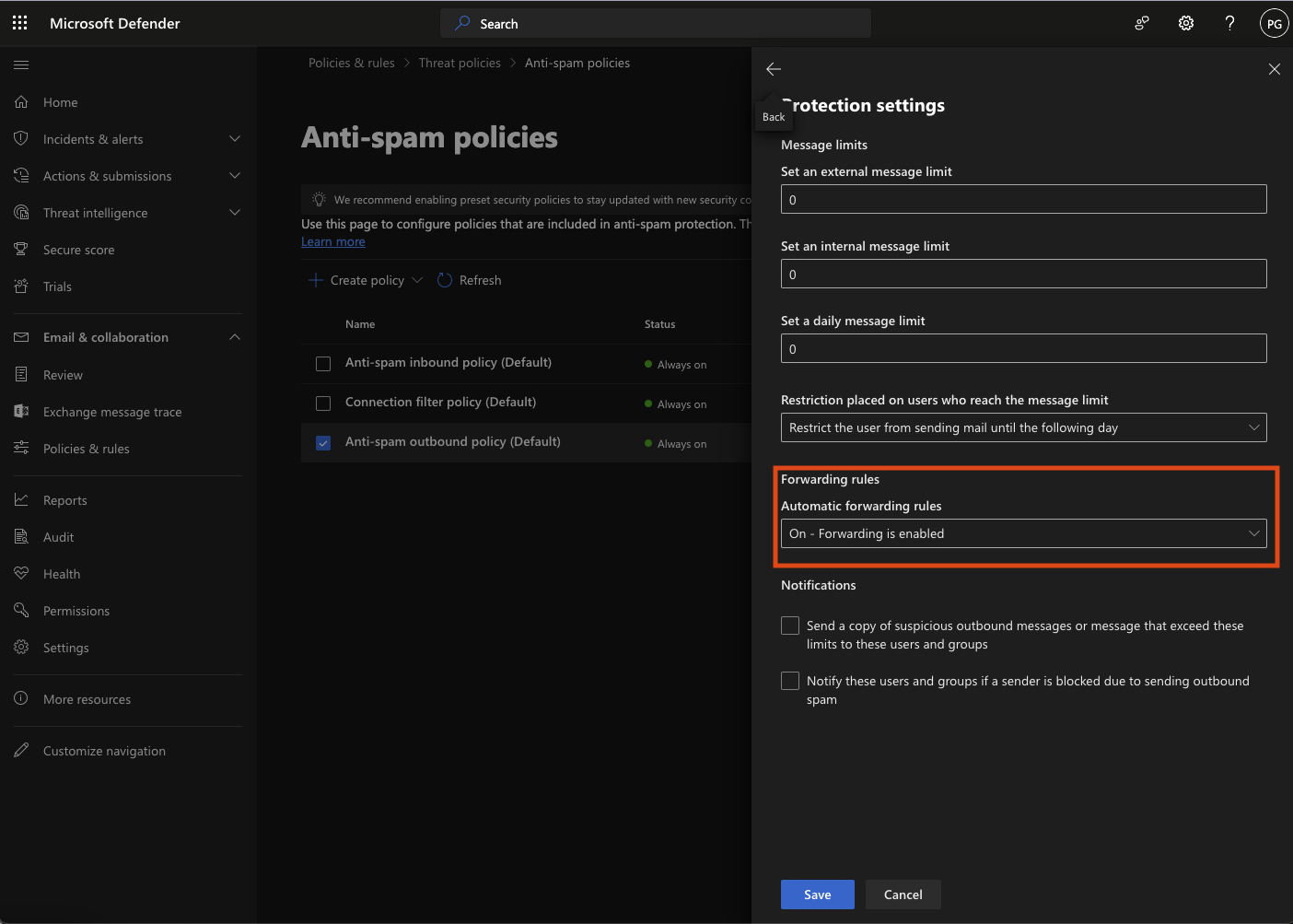 Changes made to the forwarding rules of the anti-spam outbound policy in the Microsoft 365 Admin Center.