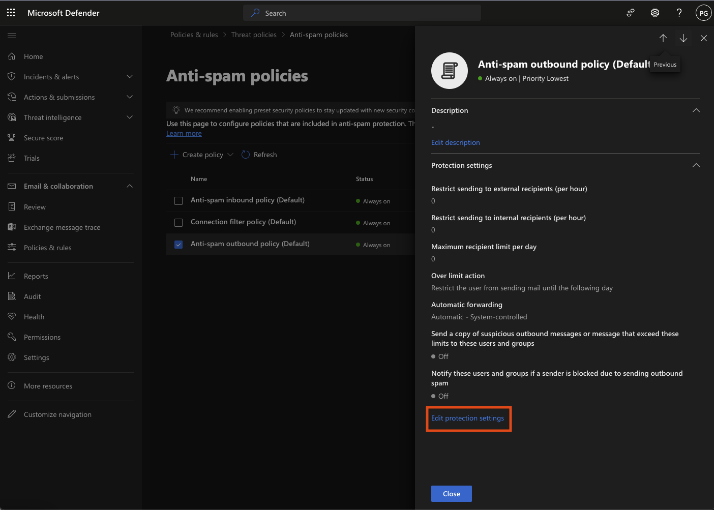 Changing the anti-spam outbound policy in the Microsoft 365 Admin Center.