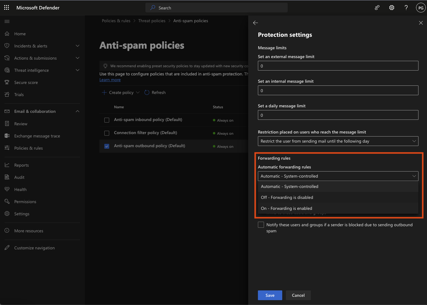 Changing the forwarding rules of the anti-spam outbound policy in the Microsoft 365 Admin Center.