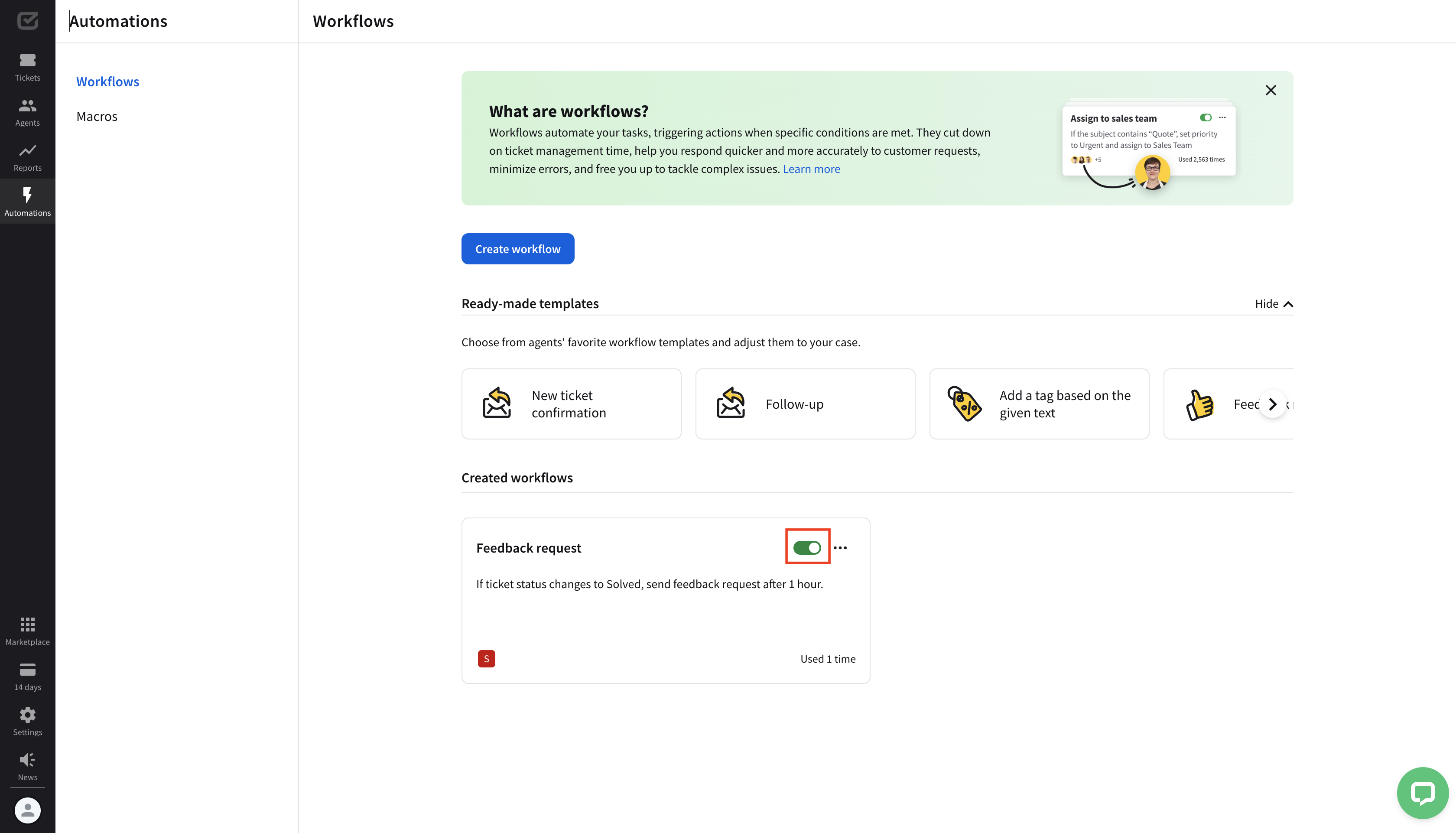 Enable and disable the &ldquo;Feedback request&rdquo; workflow using the switch button.