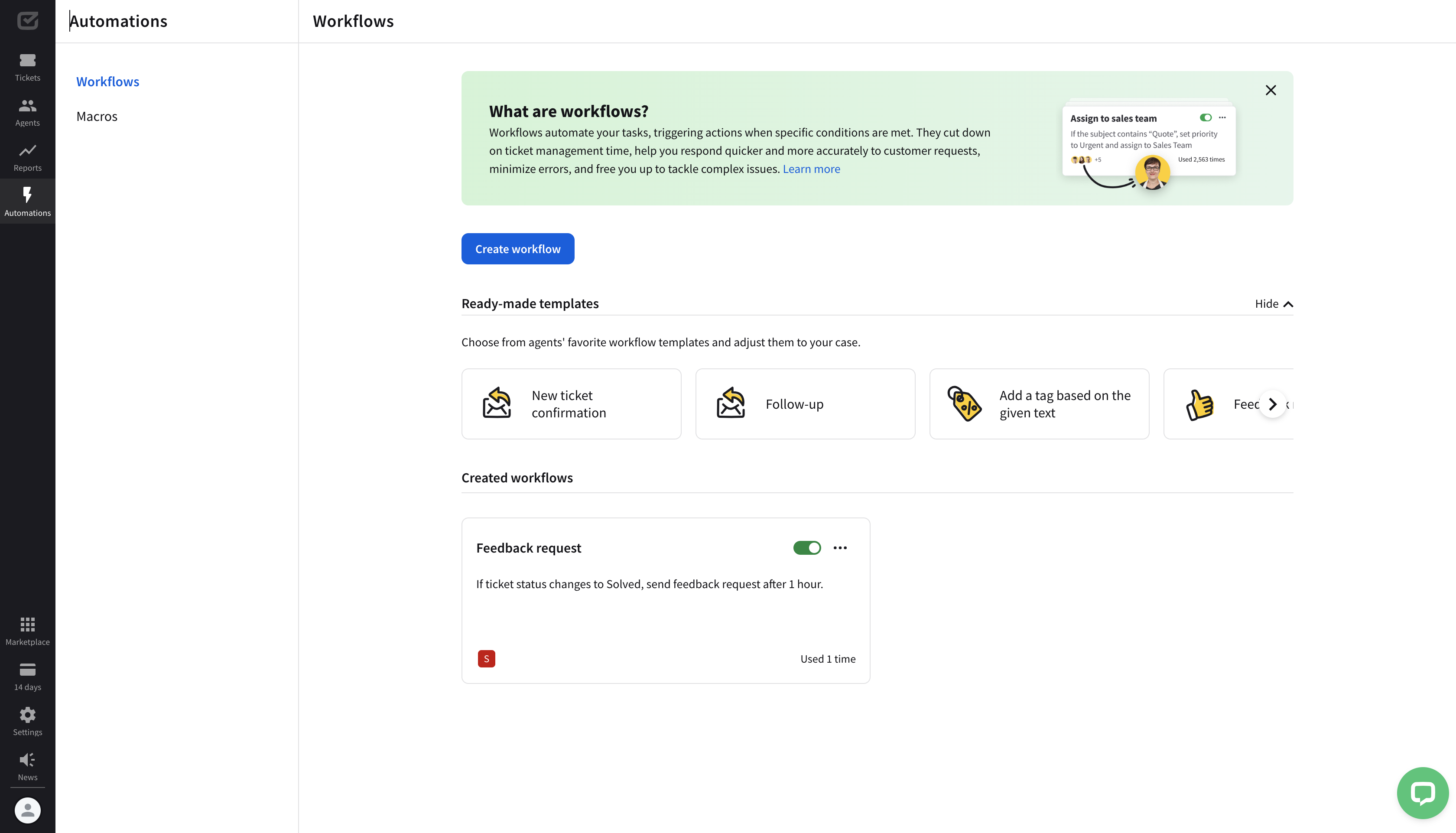 A workflow named &ldquo;Feedback request&rdquo; to collect ticket ratings. 