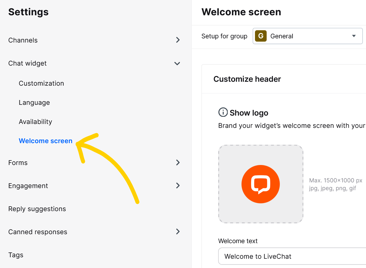 A yellow arrow pointing to a &ldquo;Welcome screen&rdquo; settings section, showing how to find the Welcome screen settings