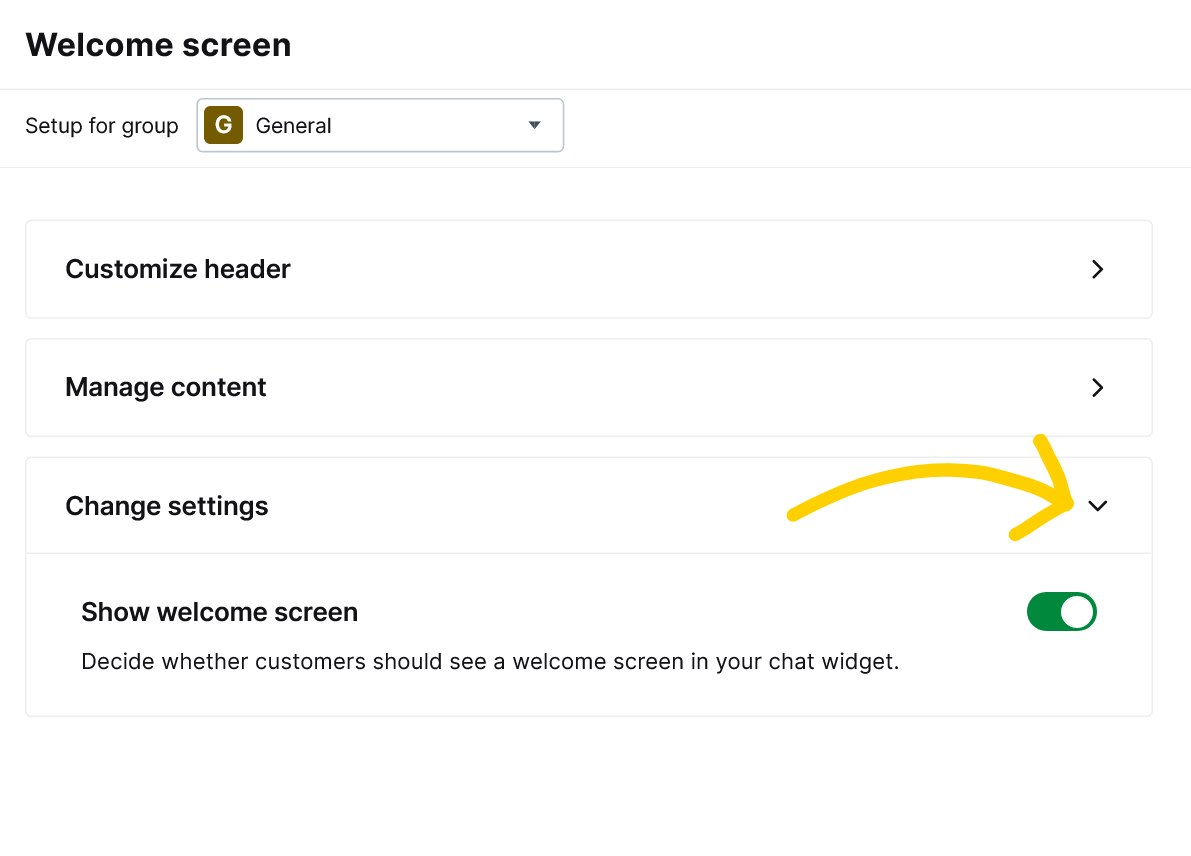 Yellow arrow pointing to the &ldquo;Change settings&rdquo; tab, on the Welcome screen settings section
