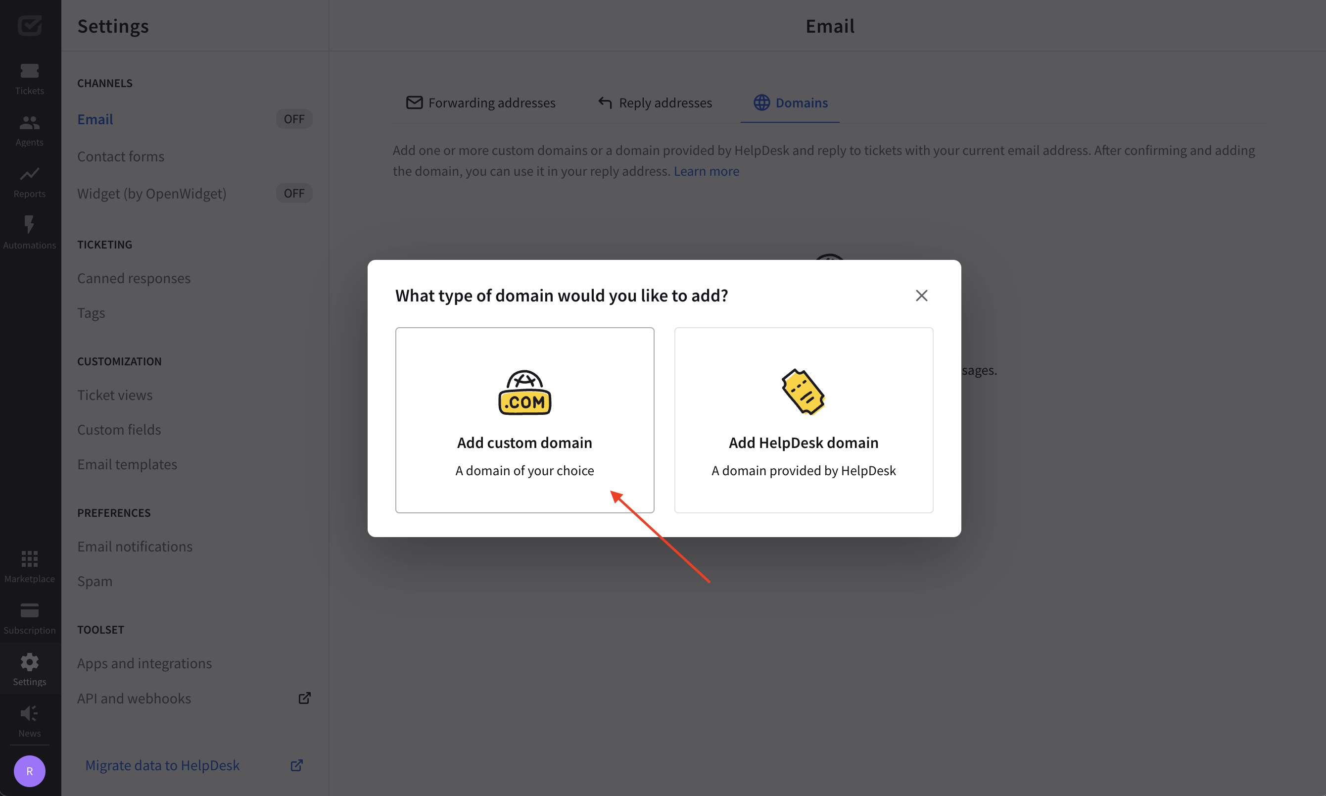 Choosing the domain type in HelpDesk — custom domain.