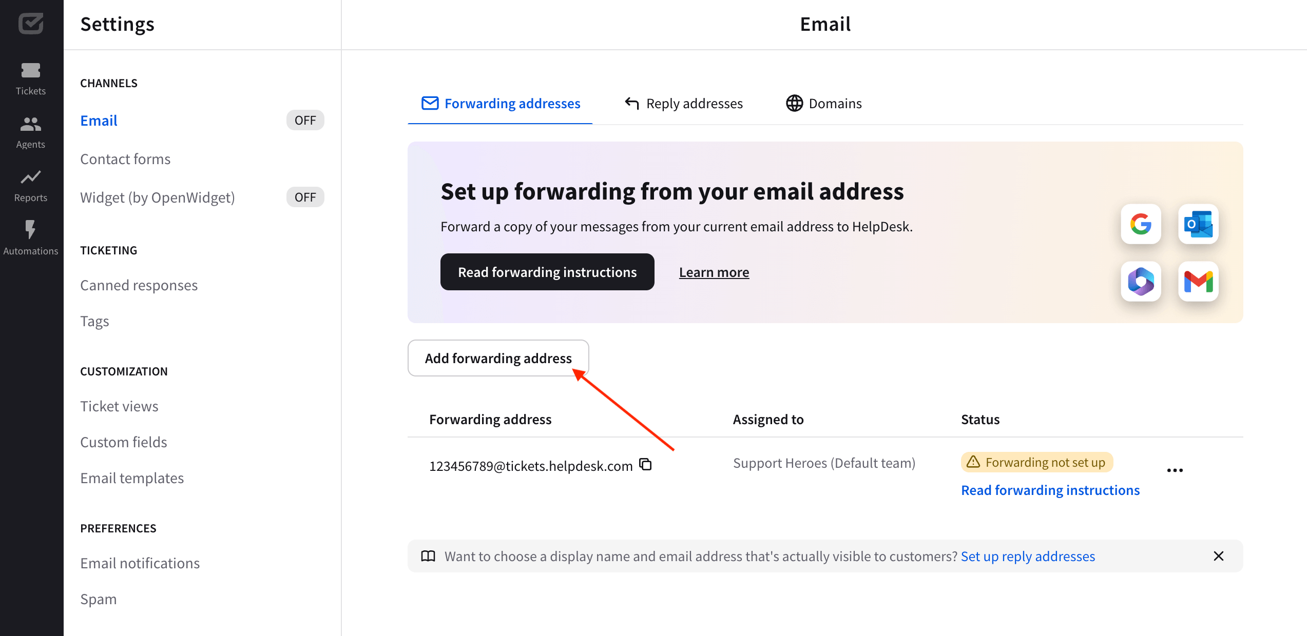 Creating the new forwarding address in HelpDesk.