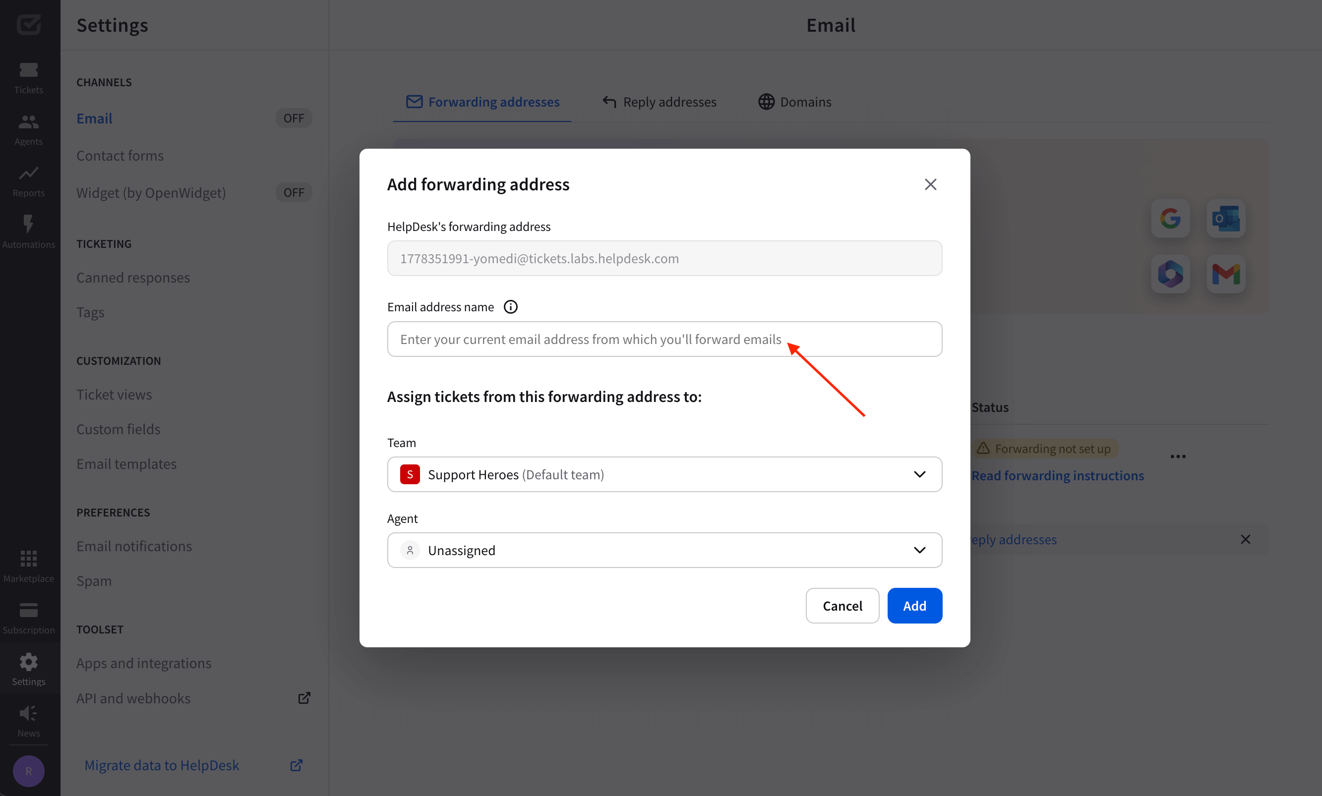 Adding address description in the forwarding address settings.