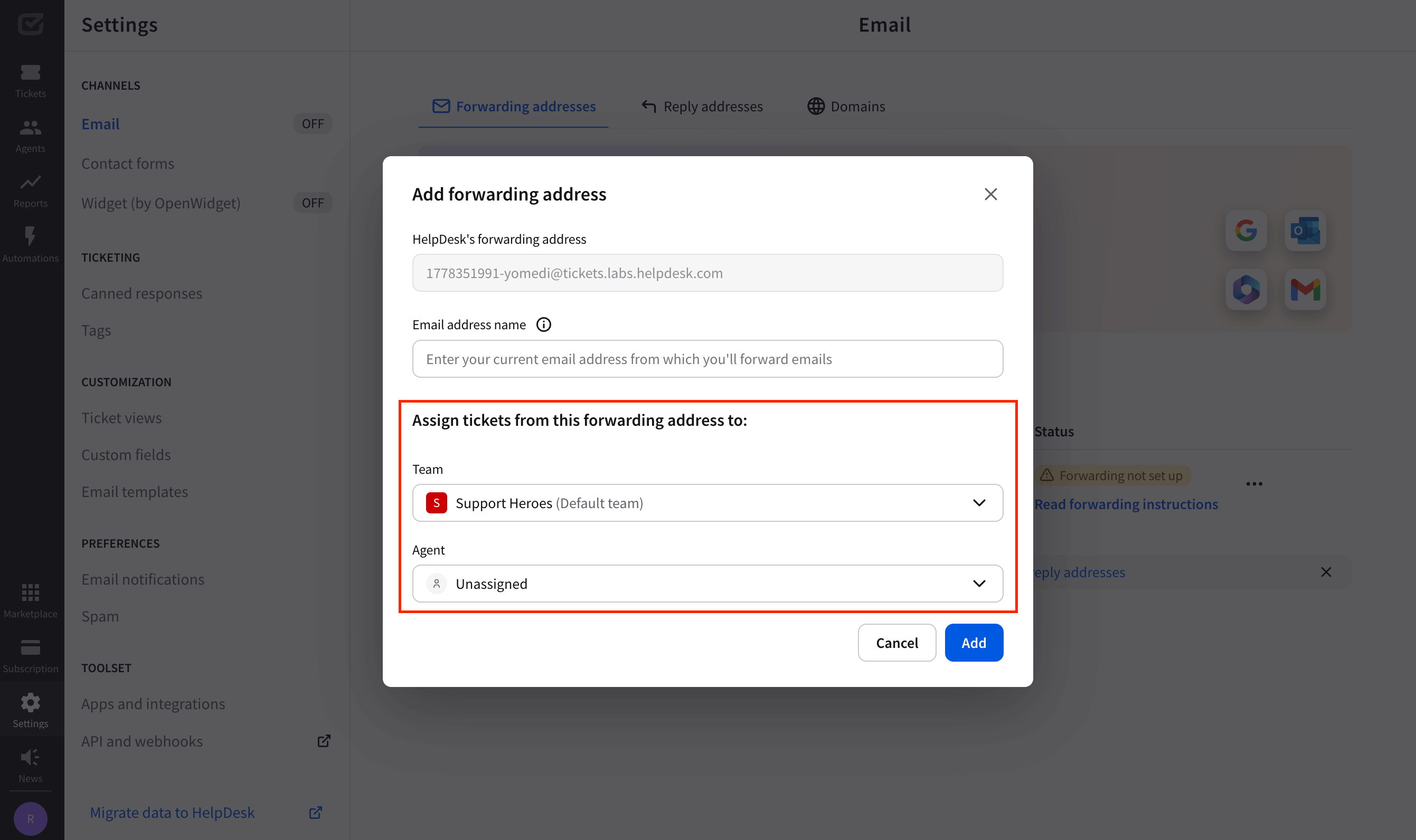 Setting up forwarding address in HelpDesk with selected agent and team data.