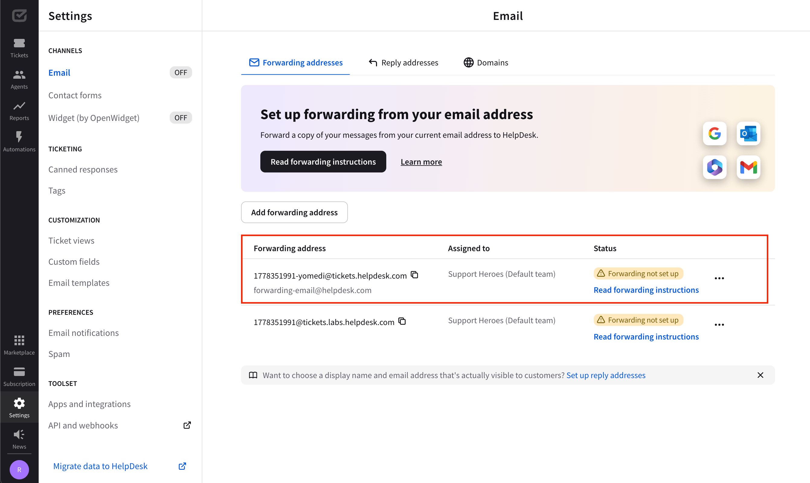 A new forwarding address is on the addresses list.