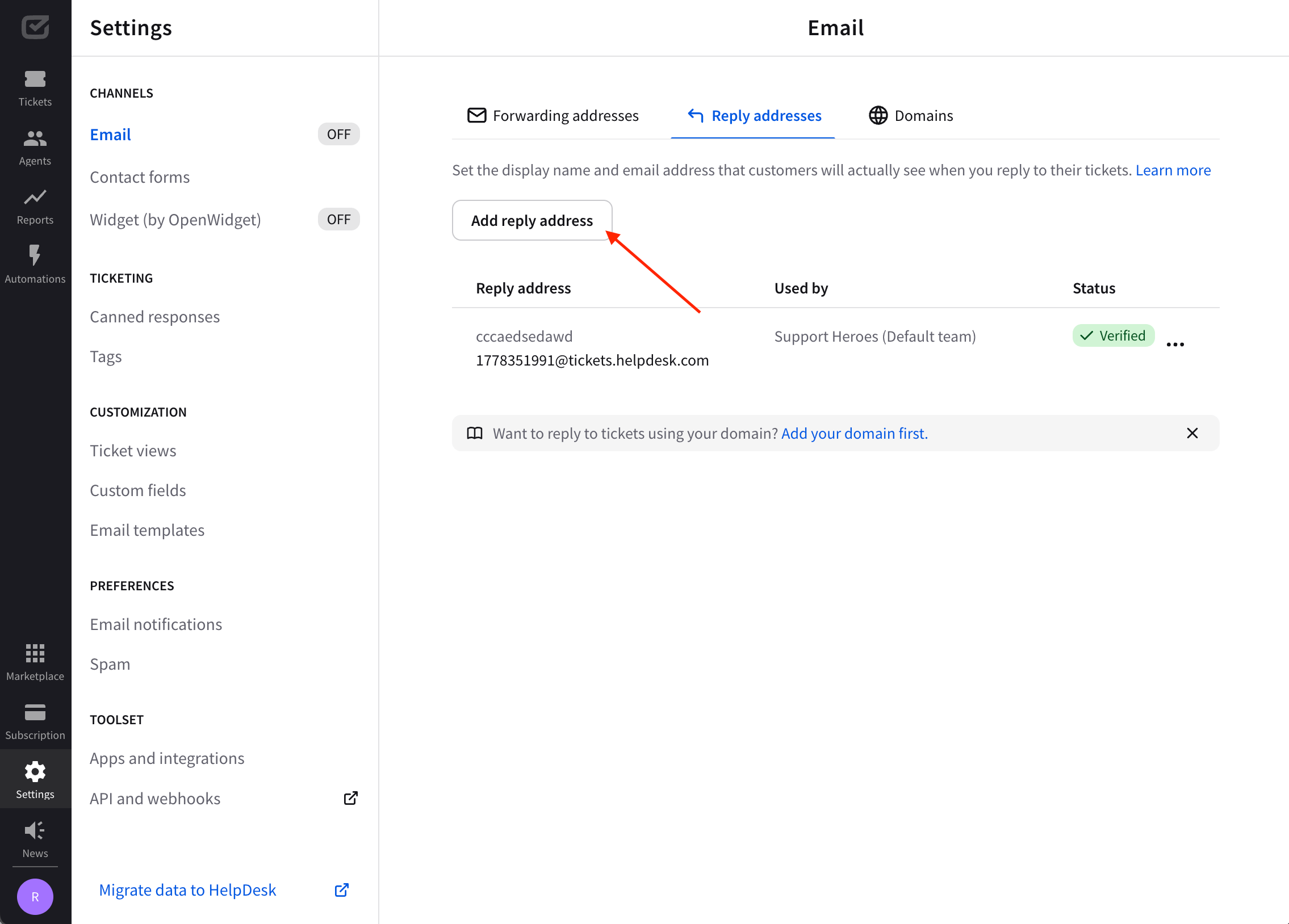 Adding a reply address in the HelpDesk app.