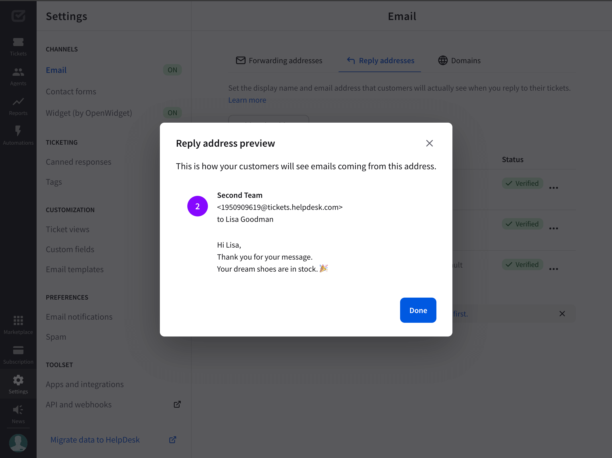 Preview of a reply address in the HelpDesk app.